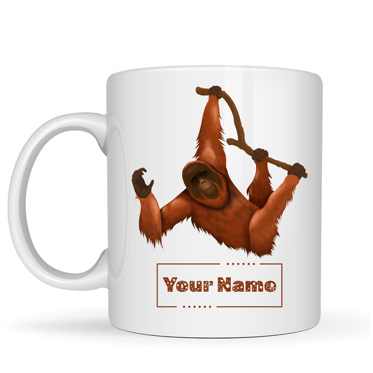 Personalized Hanging Orangutan Mug – Custom Name Ceramic Coffee Cup – Primate Wildlife Gift for Jungle and Animal Lovers – 11oz