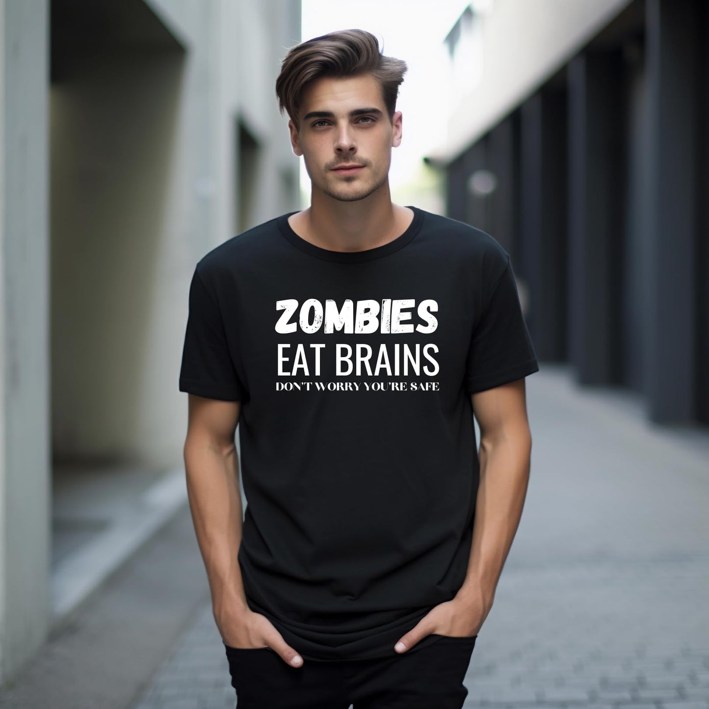 Zombies Eat Brains Don't Worry You're Safe Funny Printed Black Adults Unisex Men Women Summer Winter Cotton Crew Neck Casual T-Shirt