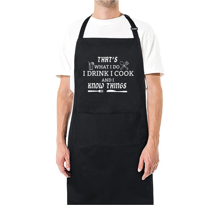Funny BBQ Black Chef Aprons for Men, I Cook and I Know Things Adjustable Kitchen Cooking Aprons with Pocket Birthday Father’s Day Christmas Valentine’s Day Gifts for Dad, Husband