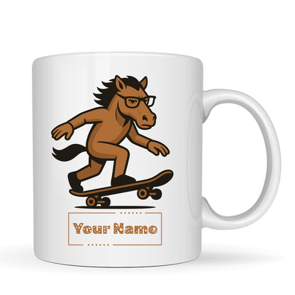 Personalized Funny Skateboarding Horse Mug – Custom Name Ceramic Coffee Cup – Unique Gift for Animal Lovers, Horse and Skaters – 11oz