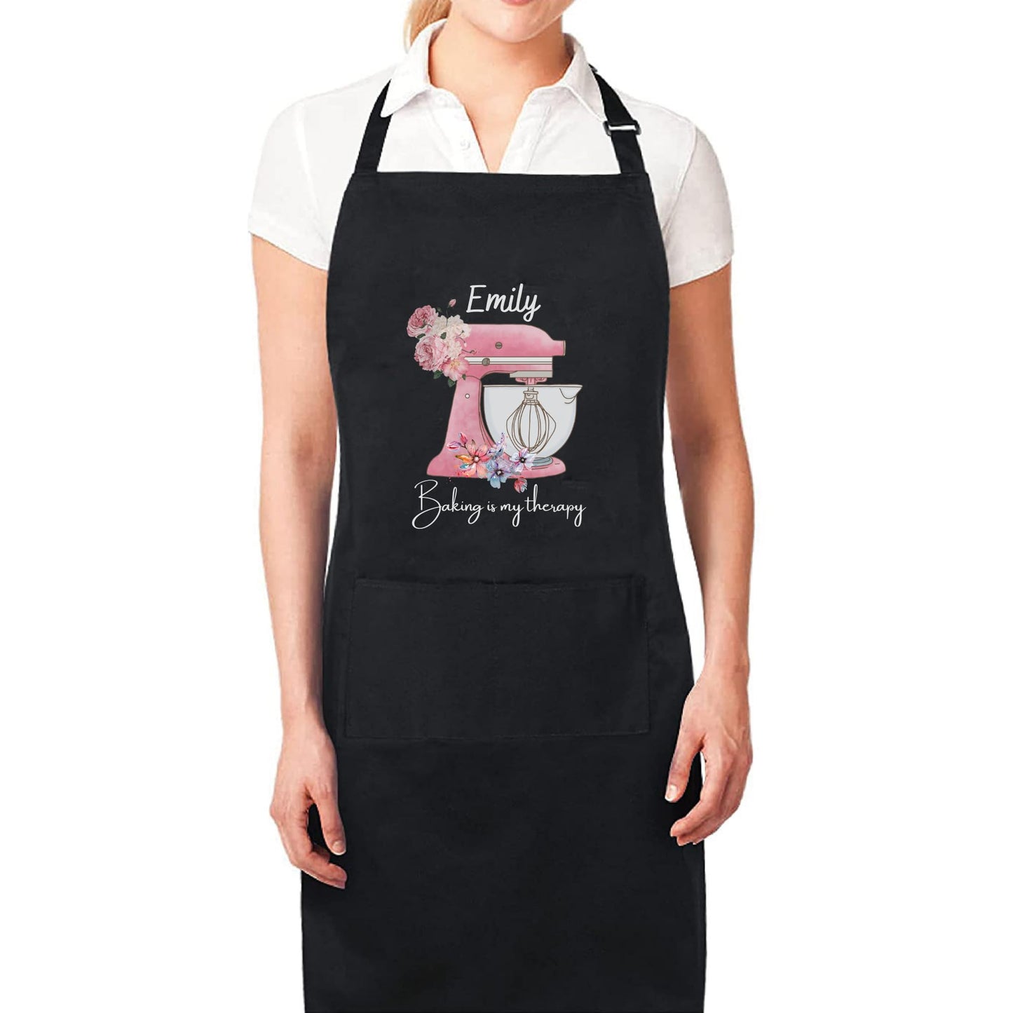 Baking Is My Therapy Personalised Baking Apron with Pink Watercolor Flowers Custom Baking Apron with Adjustable Straps and Two Pockets Gift for Him Her Aprons for Women Mother Day Gift