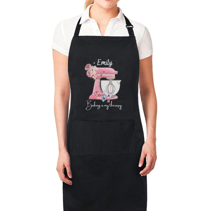 Baking Is My Therapy Personalised Baking Apron with Pink Watercolor Flowers Custom Baking Apron with Adjustable Straps and Two Pockets Gift for Him Her Aprons for Women Mother Day Gift