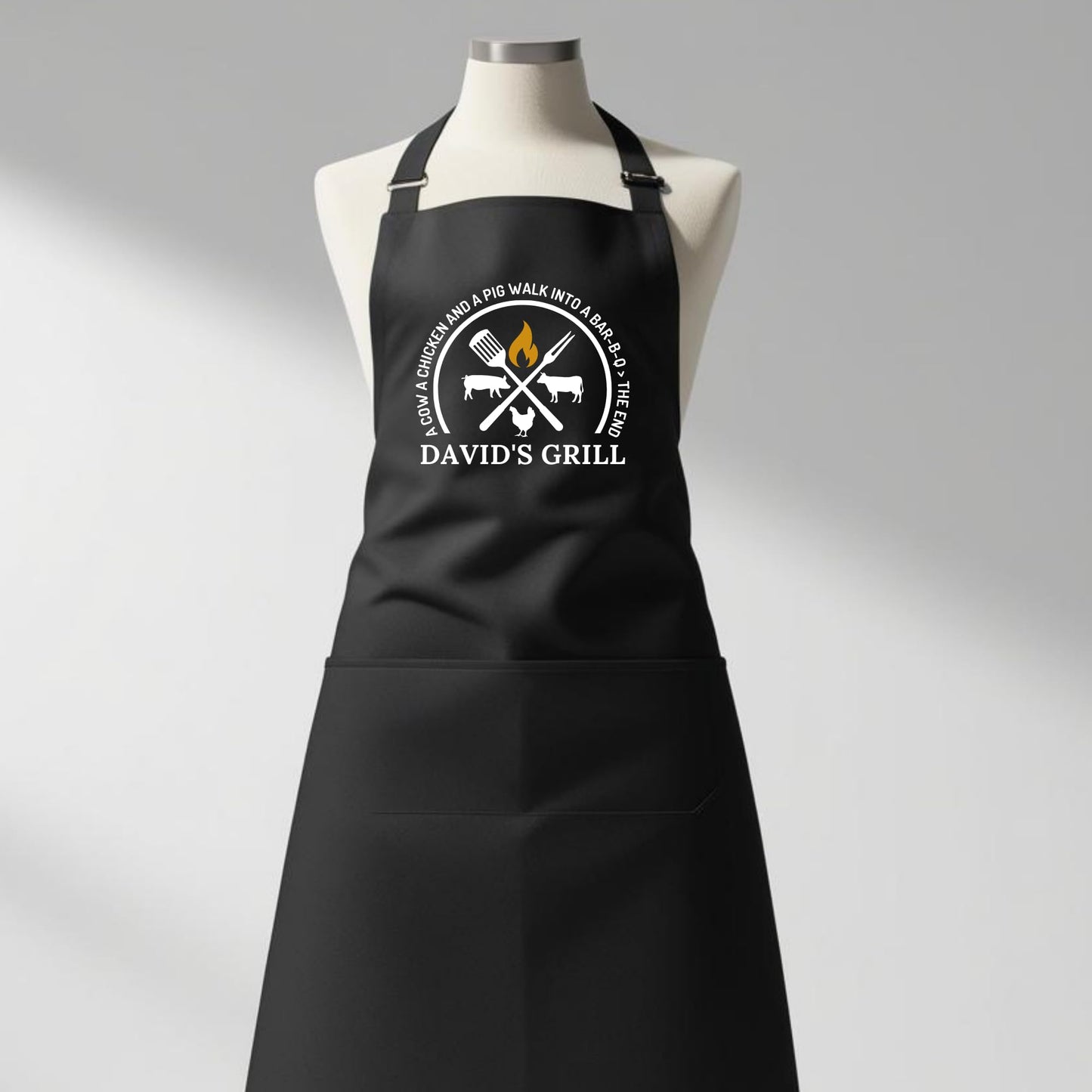 Custom Grill Apron - BBQ Aprons for Men, Gift for Him, Dad Apron for Grilling Personalized with Fun Designs (Hen, Cow, Pig) Birthday gift Apron with Adjustable Straps and Two Pockets