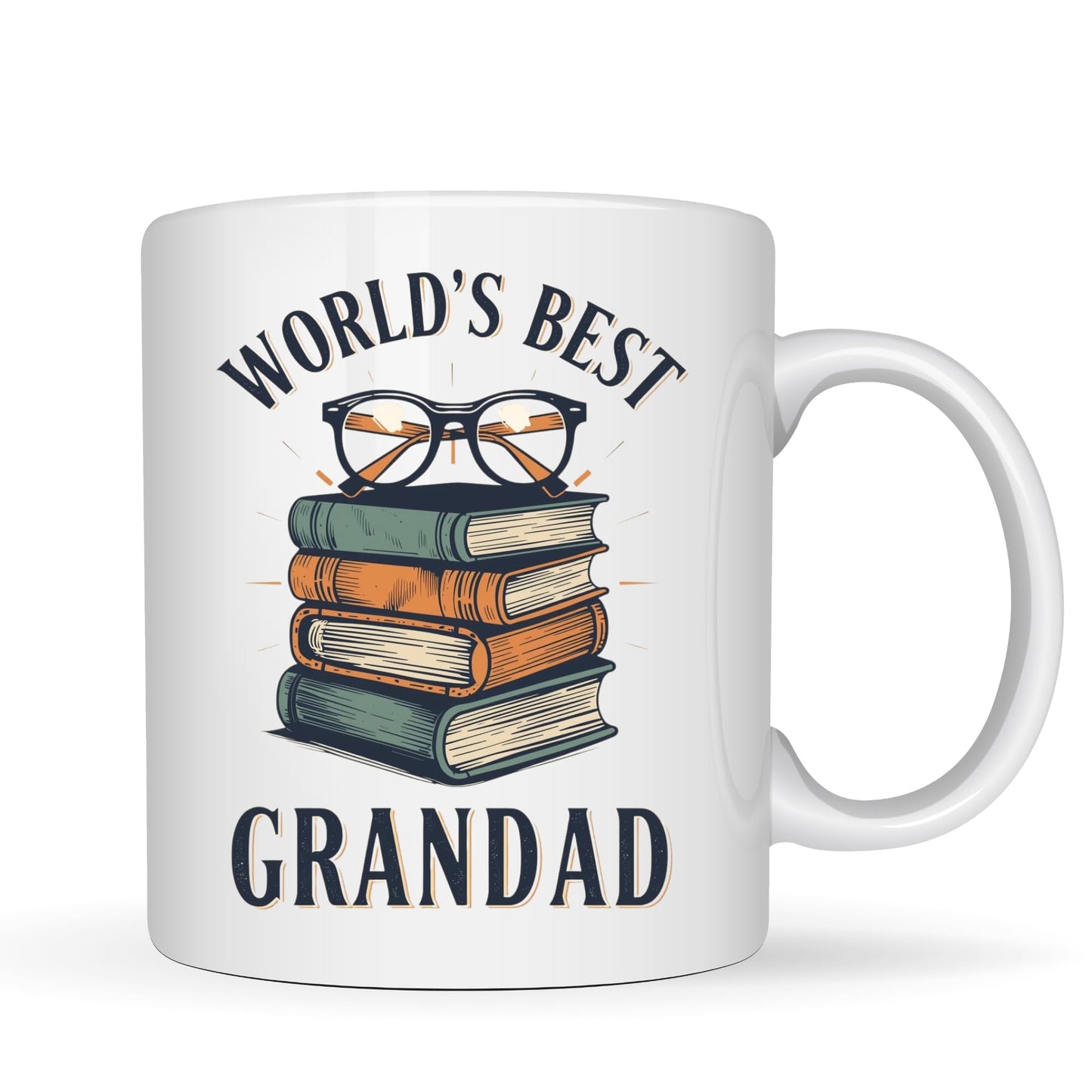 Be Buz World’s Best Grandad Coffee Mug – Vintage Books and Glasses Design – 11oz White Ceramic Mug for Grandpa Book Lover