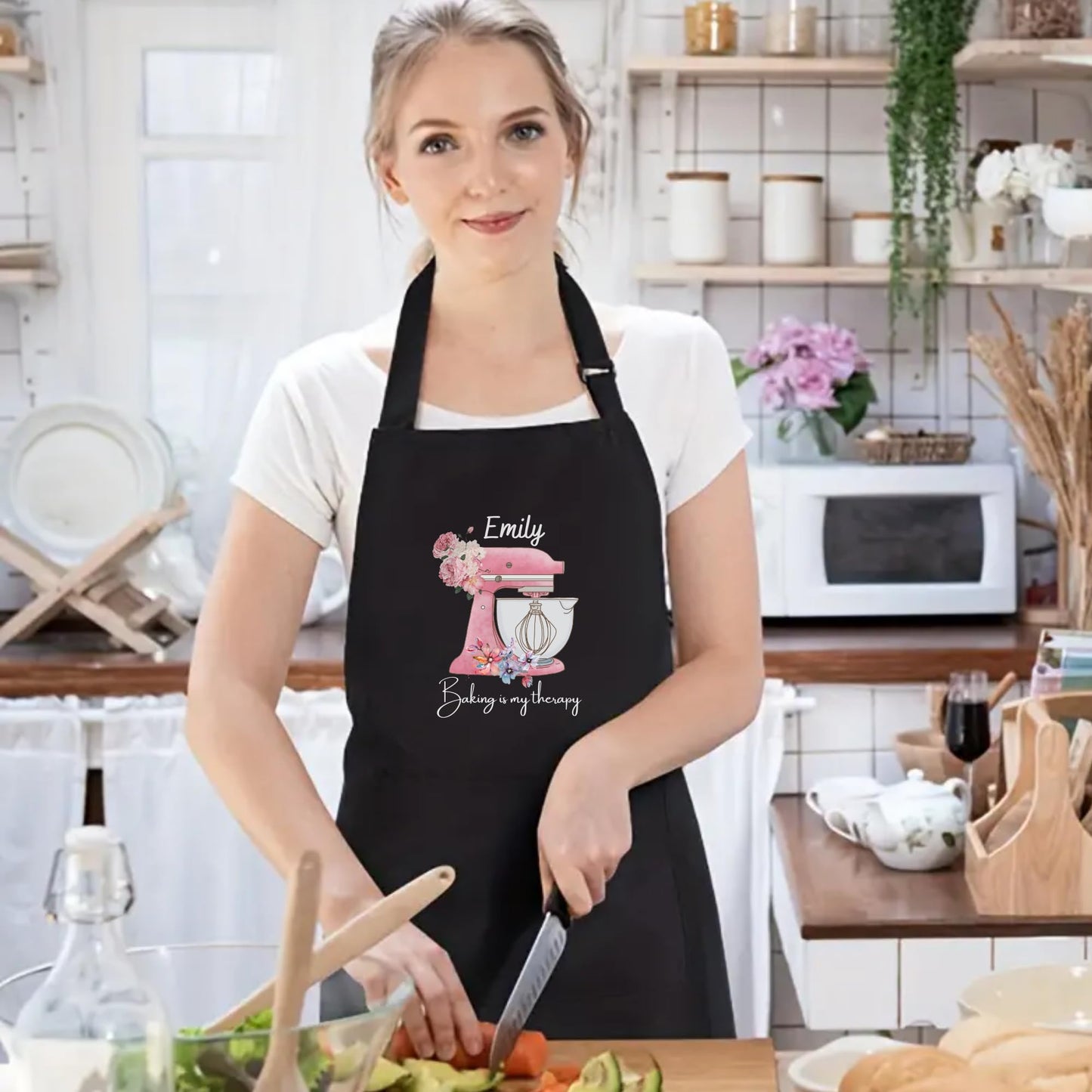 Baking Is My Therapy Personalised Baking Apron with Pink Watercolor Flowers Custom Baking Apron with Adjustable Straps and Two Pockets Gift for Him Her Aprons for Women Mother Day Gift