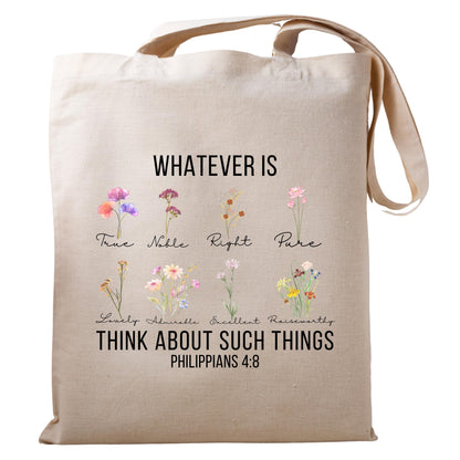 Be Buz Whatever Is True Tote Bag Philippians 4:8 Bible Verse Floral Design Religious Gift for Women Reusable Handbag for Church Shopping and Everyday Use
