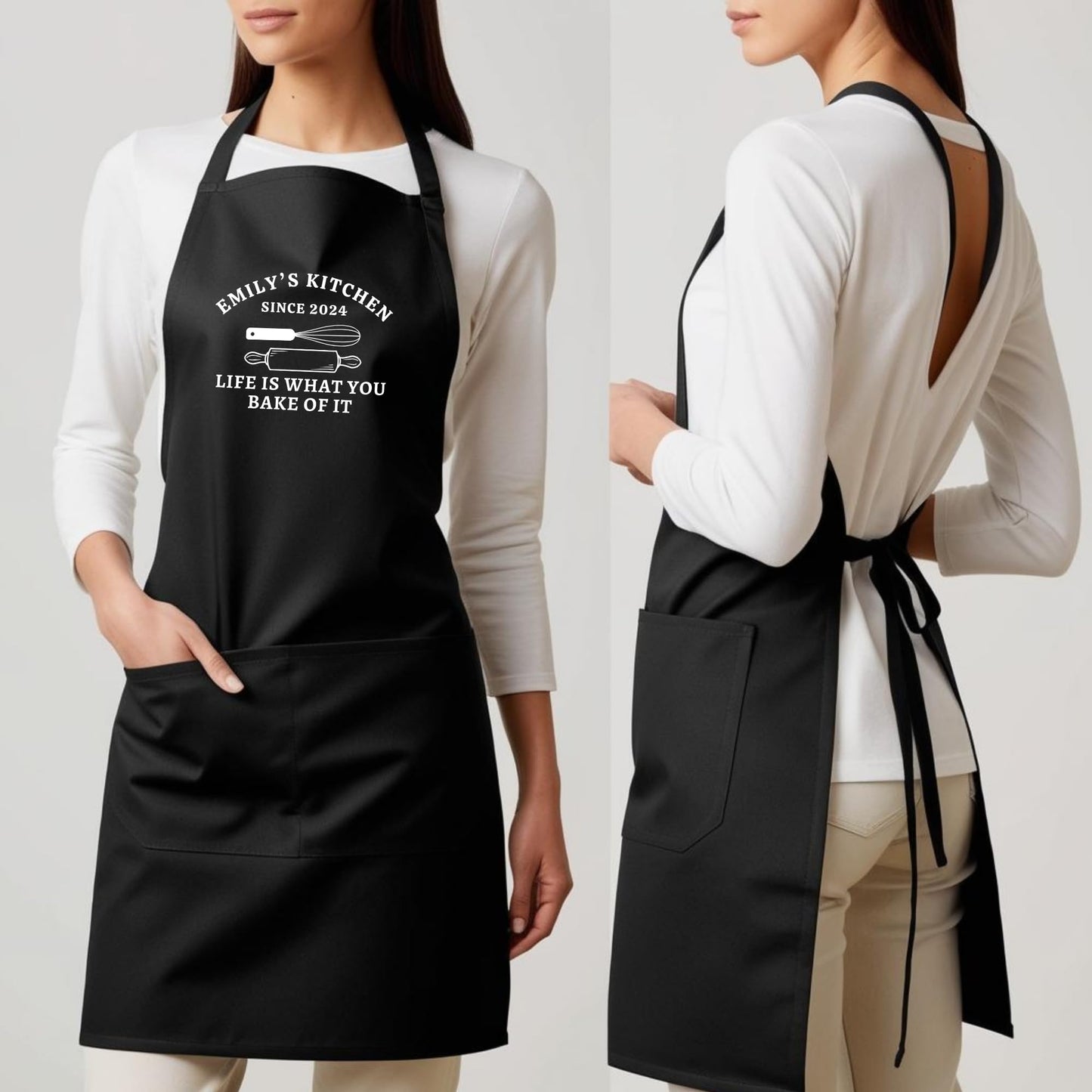Custom Kitchen Apron “Life is What You Bake of It” Personalized Baking Apron for Bakers Apron with Adjustable Straps and Two Pockets Gift for Him Her Aprons for Women Black Apron