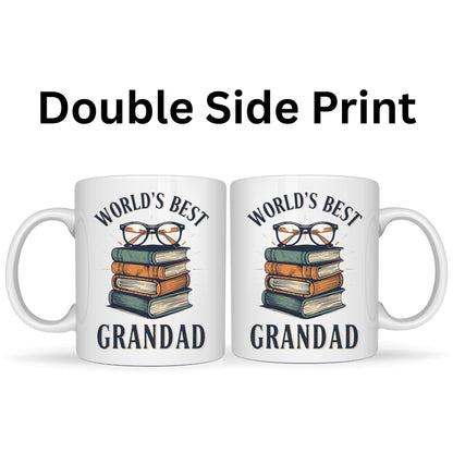 Be Buz World’s Best Grandad Coffee Mug – Vintage Books and Glasses Design – 11oz White Ceramic Mug for Grandpa Book Lover