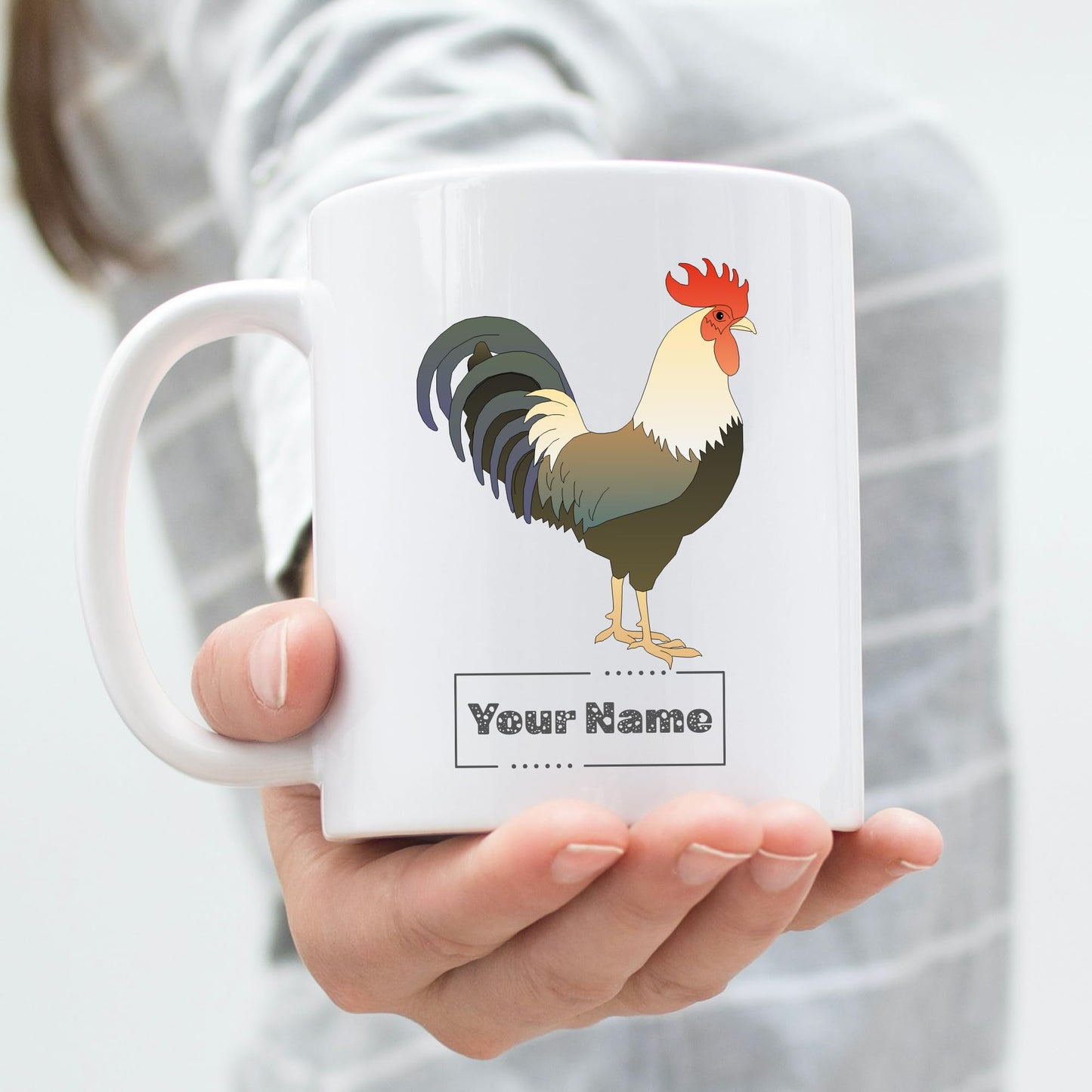 Personalized Rooster Mug – Custom Name Ceramic Coffee Cup – Farmhouse Kitchen Décor Gift for Chicken Lovers, Men and Women – 11oz White Mug