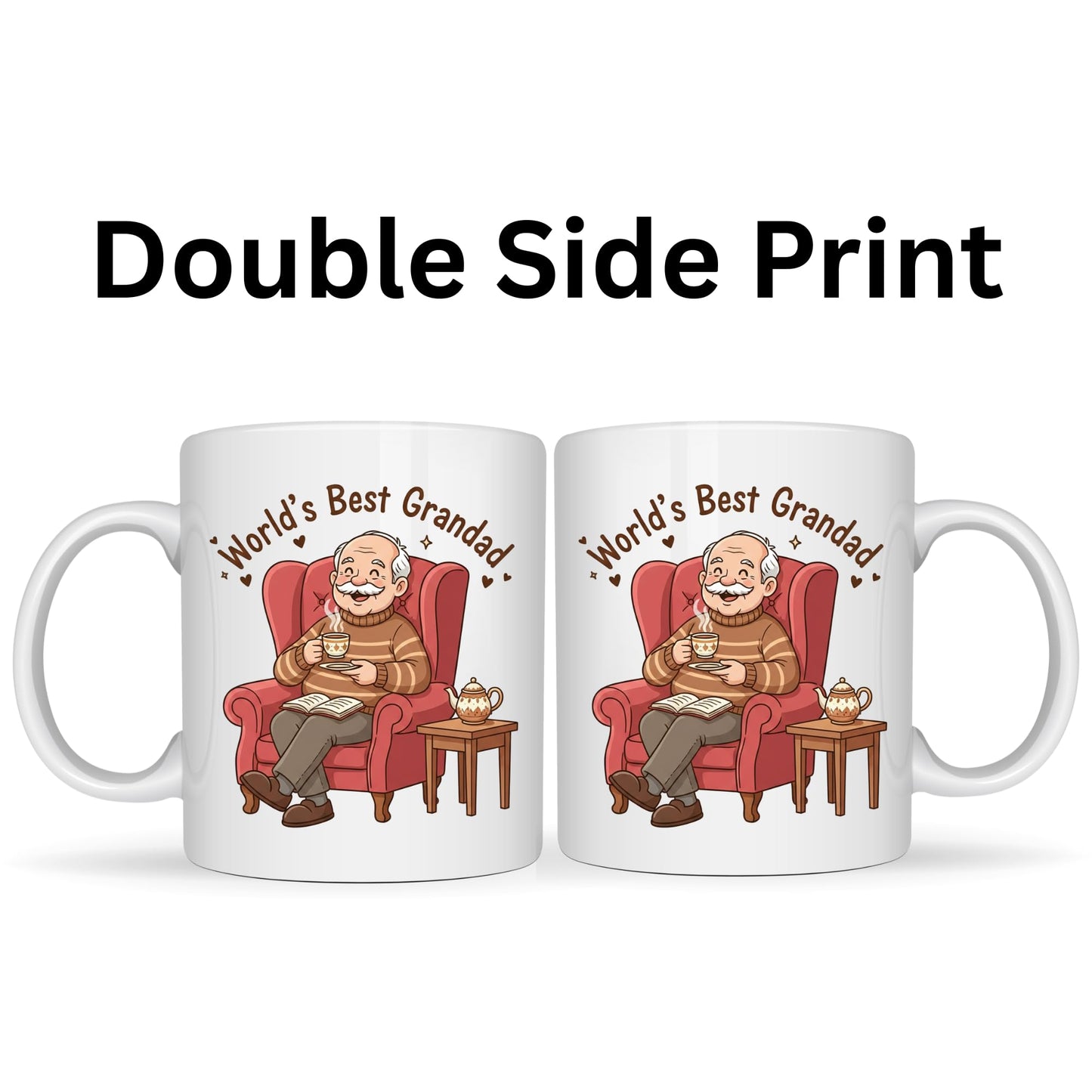 Be Buz World's Best Grandad Coffee Mug - Grandpa in Armchair Illustration Ceramic Tea Cup - 11oz White Mug - Birthday or Father’s Day Gift