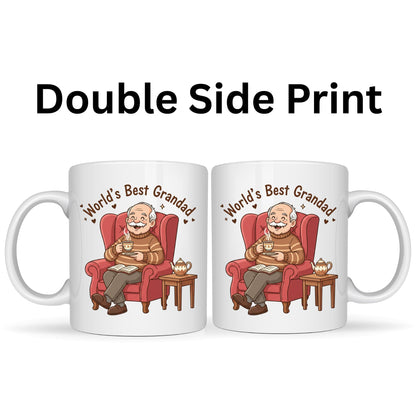 Be Buz World's Best Grandad Coffee Mug - Grandpa in Armchair Illustration Ceramic Tea Cup - 11oz White Mug - Birthday or Father’s Day Gift