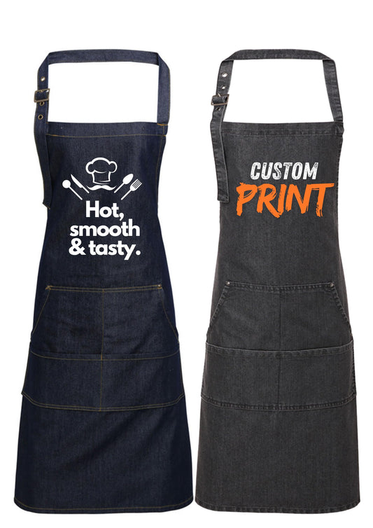 Personalized Denim Cooking Apron, Adjustable Neck Strap, 4 Pockets, add your photo or logo - Top Tee