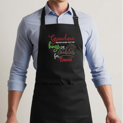 Grandma Never Runs Out of Hugs or Cookies Custom Apron Baking Apron for Grandma Apron with Adjustable Straps Gift for Her Aprons for Women Kitchen Apron Mother Day Gift Black Apron