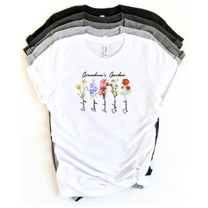 Be Buz Grandma’s Garden Shirt Personalized Birth Month Flower T-Shirt with Grandkids’ Names Custom Gift for Grandma, Mother's Day, Nana, Gigi, Mimi