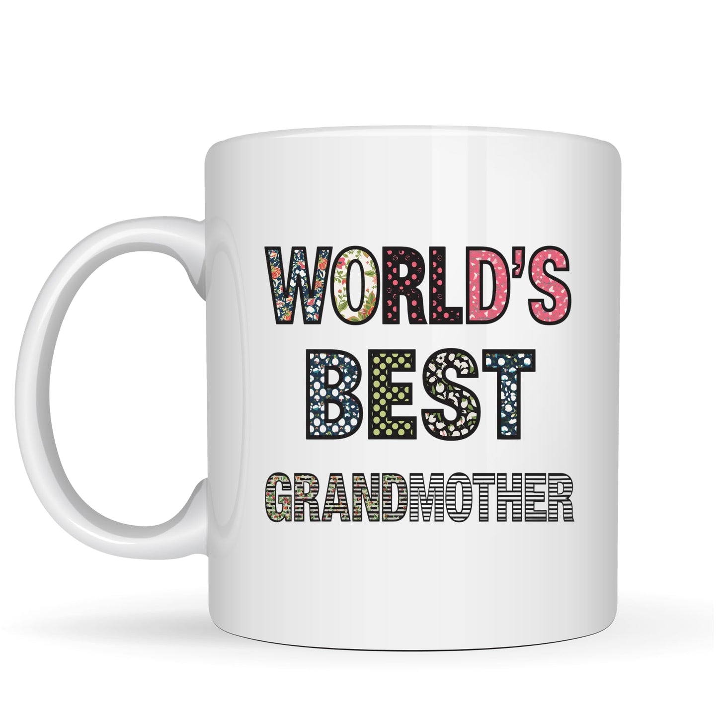 Be Buz World's Best Grandmother Coffee Mug - Floral Pattern Lettering Ceramic Tea Cup - 11oz White Mug - Elegant Mother’s Day or Birthday Gift