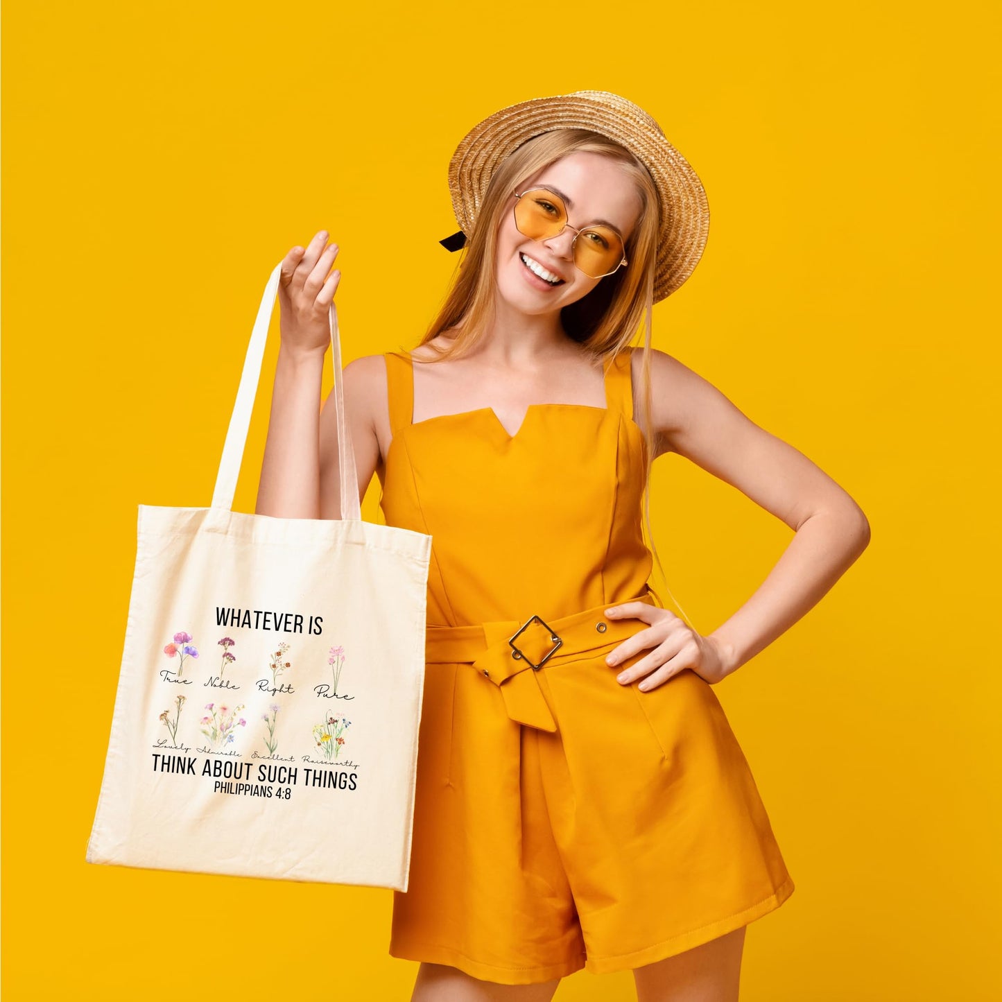 Be Buz Whatever Is True Tote Bag Philippians 4:8 Bible Verse Floral Design Religious Gift for Women Reusable Handbag for Church Shopping and Everyday Use