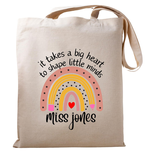 Personalised Tote Bag It Takes a Big Heart to Shape Little Minds Teacher Appreciation gift Inspirational Reusable Casual Bag for Work Shopping Travel