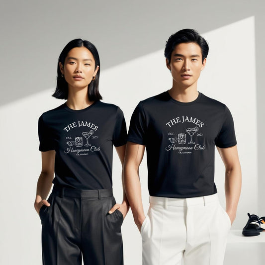 Be Buz Personalized Honeymoon Club T-Shirt, Mr and Mrs Matching Couple Wedding Tees for Bride and Groom - Top Tee