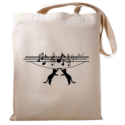 Be Buz Cat Hanged with Music Wave Tote Bag Bag for Cat Lovers and Music Enthusiasts Trendy Music Wave Design Reusable Casual Cotton Bag for Work Shopping Travel