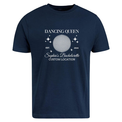 Be Buz Dancing Queen Bachelorette Party T-Shirts Custom Name and Location Personalized Bridal Party Tee for Bride and Bridesmaids