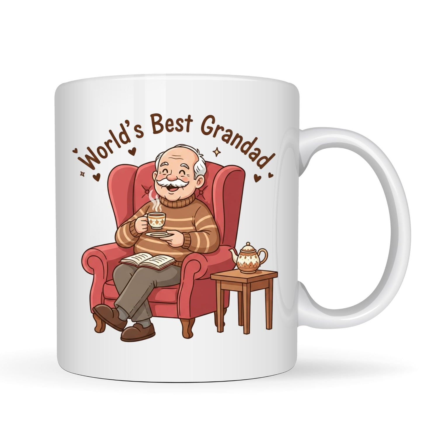 Be Buz World's Best Grandad Coffee Mug - Grandpa in Armchair Illustration Ceramic Tea Cup - 11oz White Mug - Birthday or Father’s Day Gift