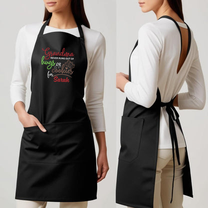 Grandma Never Runs Out of Hugs or Cookies Custom Apron Baking Apron for Grandma Apron with Adjustable Straps Gift for Her Aprons for Women Kitchen Apron Mother Day Gift Black Apron