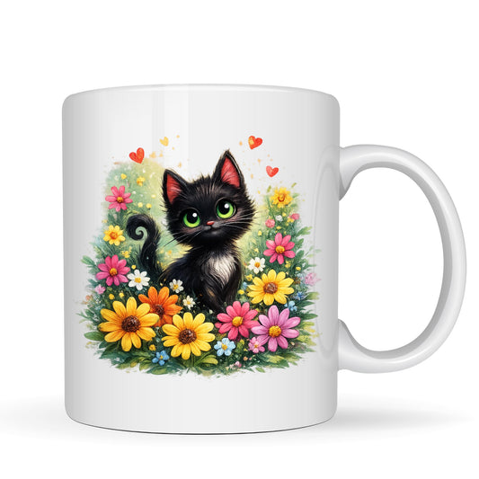 Be Buz Black Cat Coffee Mug with Floral Garden and Hearts – 11oz White Ceramic Tea Cup – Gift for Cat Lovers Men Women