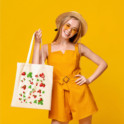 Be Buz Strawberry Tote Bag for Women Stylish, Spacious, and Eco Friendly Cotton Shopping Bag Reusable Casual Bag for Work Shopping Travel
