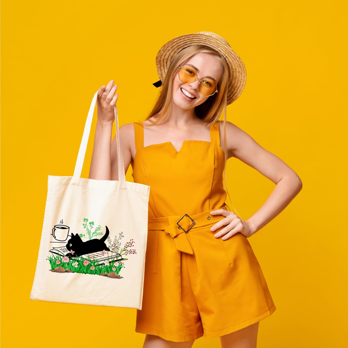 Be Buz Black Cat Tote Bag for Women Cat Reading Floral Book Design Cat Tote Bags Reusable Casual Bag for Work Shopping Travel