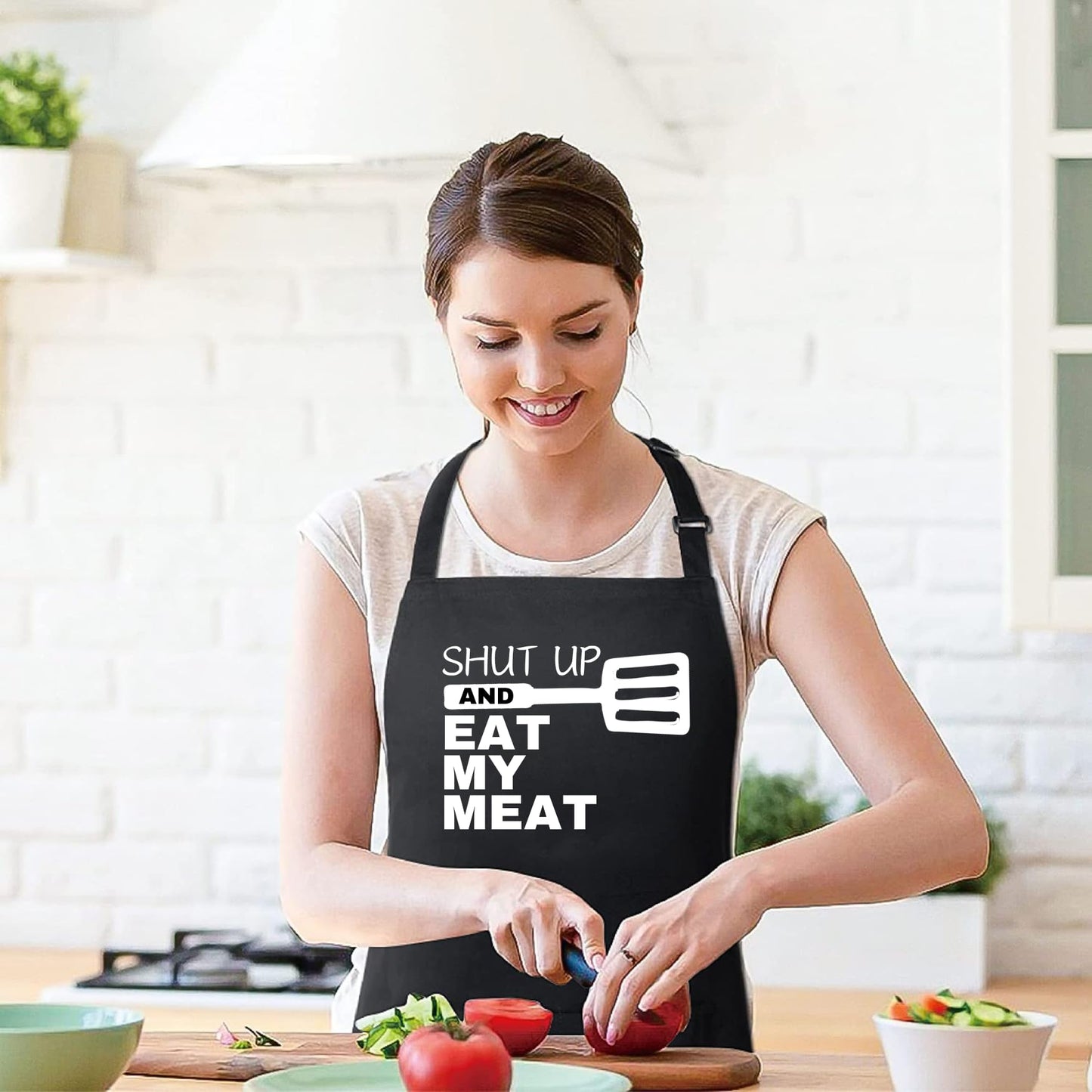 Shut Up And Eat My Meat Funny Aprons for men Printed Apron Gift for Her Chef Apron Kitchen Apron BBQ Apron Gift Baking Apron Father Day Gift