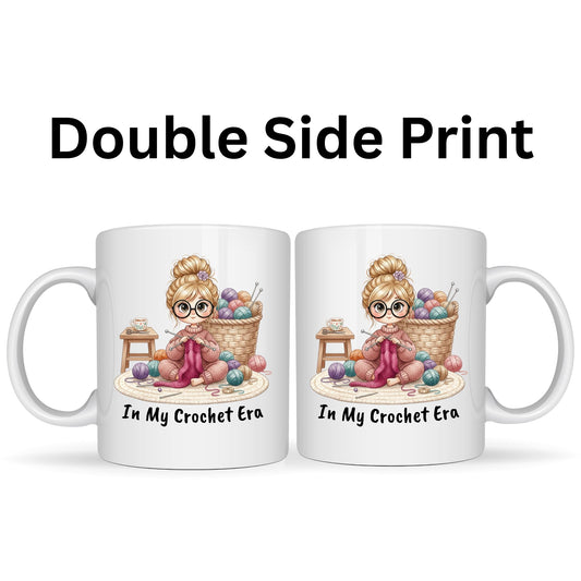 Be Buz in My Crochet Era Mug - Girl Knitting Illustration Funny Ceramic Coffee Cup for Crochet Lovers, Knitters, Sewing, and Yarn Crafters, 11oz