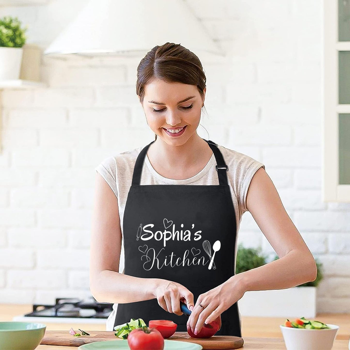 Personalized Name Kitchen Apron - Custom Chef Apron with Adjustable Straps and Two Pockets gift for him her Apron for Cooking, Baking and BBQ