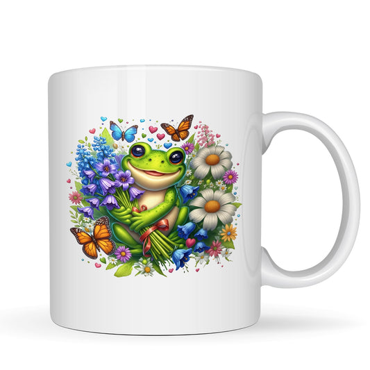 Be Buz Frog and Floral Bouquet Ceramic Mug - Adorable Green Frog with Flowers and Butterflies - 11oz White Coffee, Tea Cup