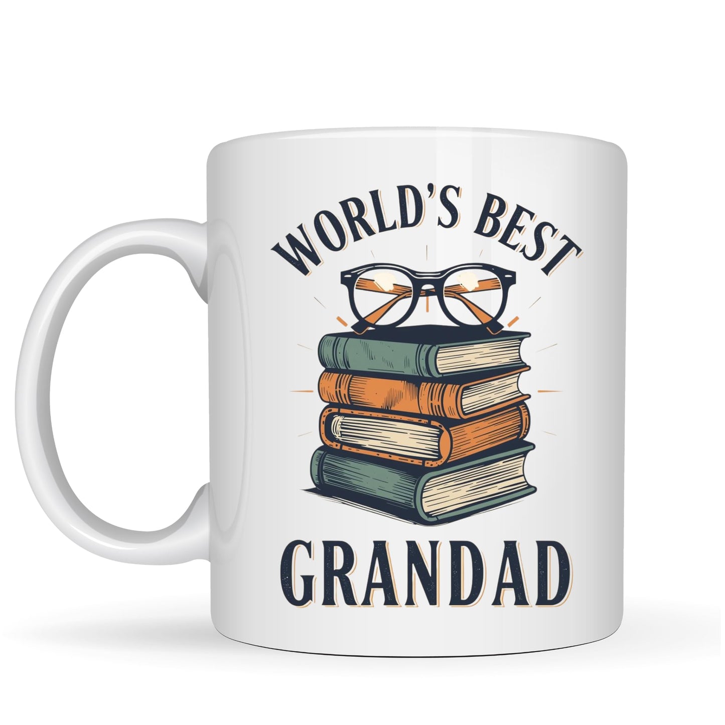 Be Buz World’s Best Grandad Coffee Mug – Vintage Books and Glasses Design – 11oz White Ceramic Mug for Grandpa Book Lover