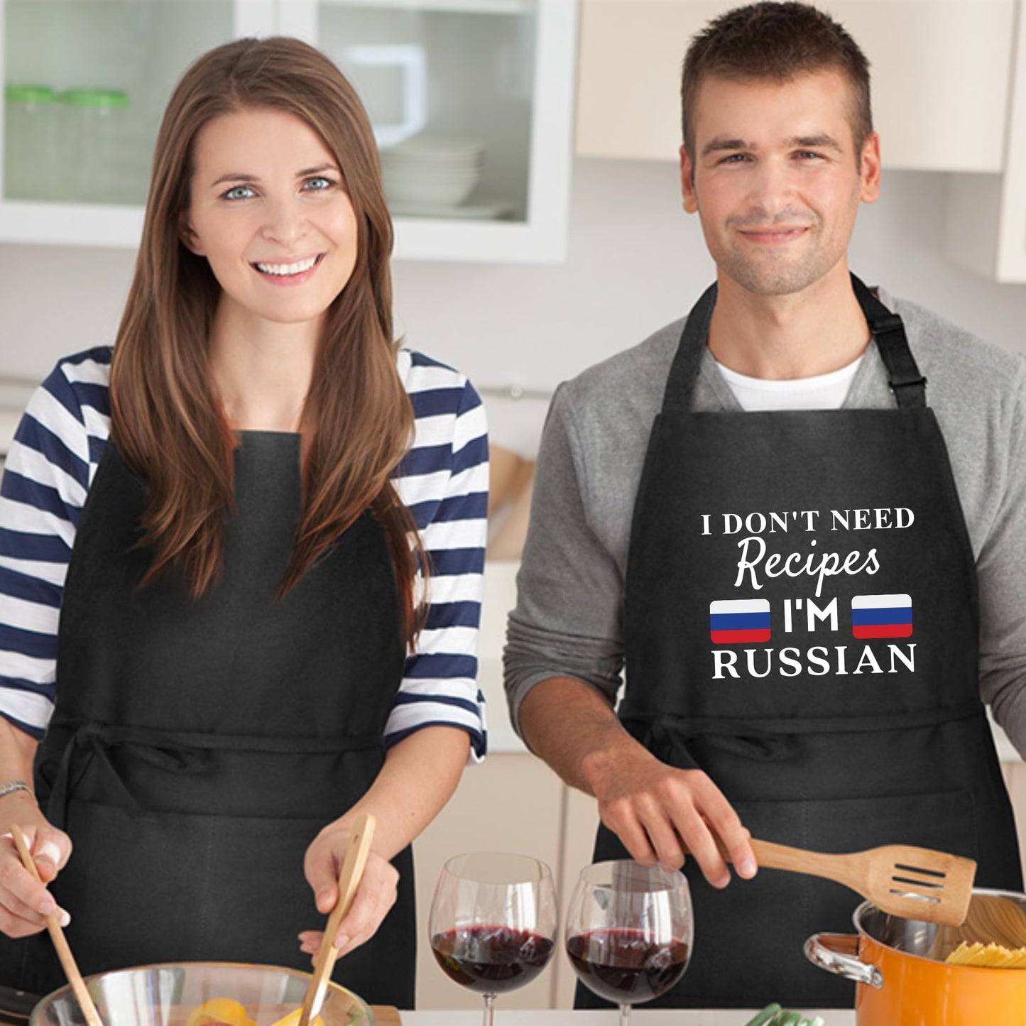 I Don't Need Recipes, I'm Russian Adjustable Long Apron with two Pockets Chefs Home Cooks Baking Cooking Kitchen Grilling and BBQ Apron gift for him her