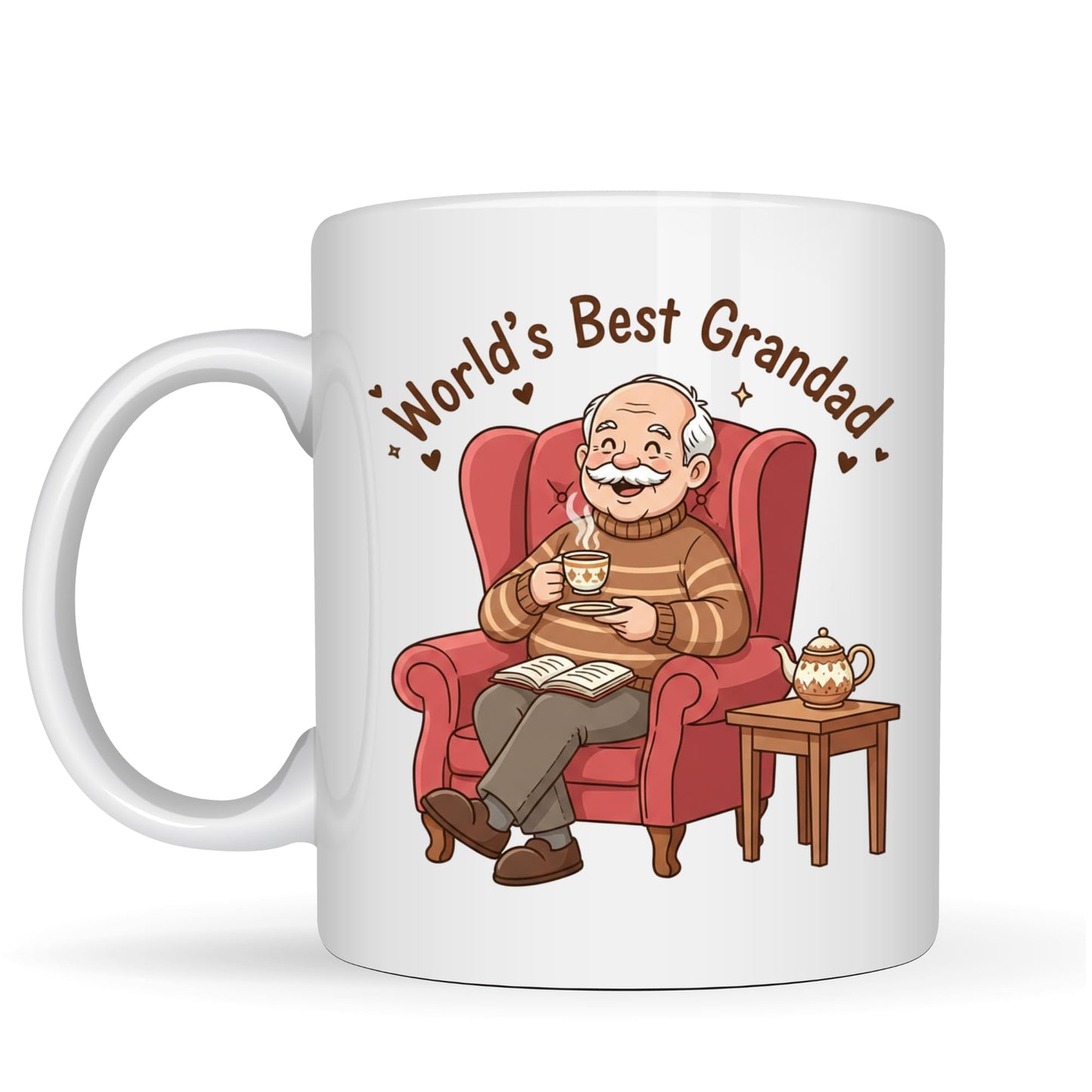 Be Buz World's Best Grandad Coffee Mug - Grandpa in Armchair Illustration Ceramic Tea Cup - 11oz White Mug - Birthday or Father’s Day Gift
