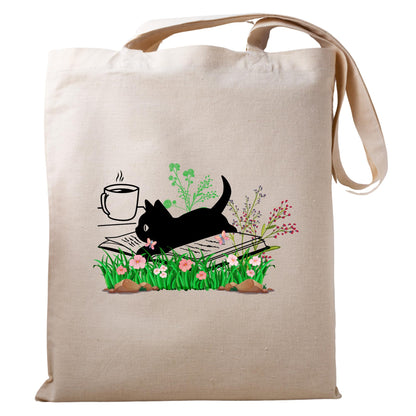 Be Buz Black Cat Tote Bag for Women Cat Reading Floral Book Design Cat Tote Bags Reusable Casual Bag for Work Shopping Travel