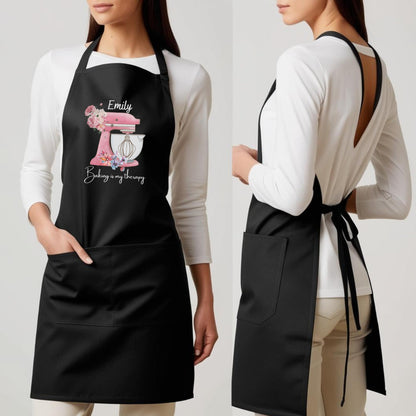 Baking Is My Therapy Personalised Baking Apron with Pink Watercolor Flowers Custom Baking Apron with Adjustable Straps and Two Pockets Gift for Him Her Aprons for Women Mother Day Gift