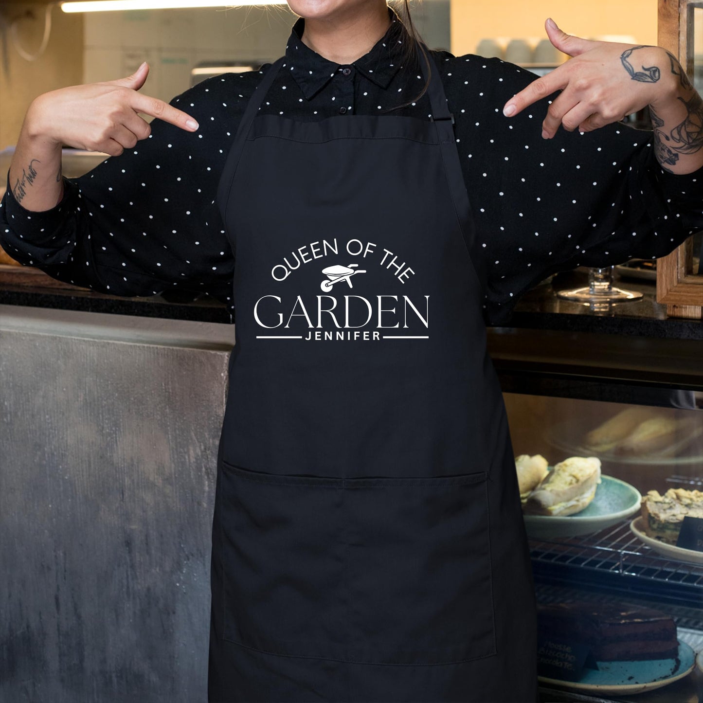 Queen of the Garden Custom Apron - Personalized Gardening Apron with Adjustable Straps and Two Pockets Gift for Her Washable Aprons for womens Mom Apron Mother Day Gift Black Apron