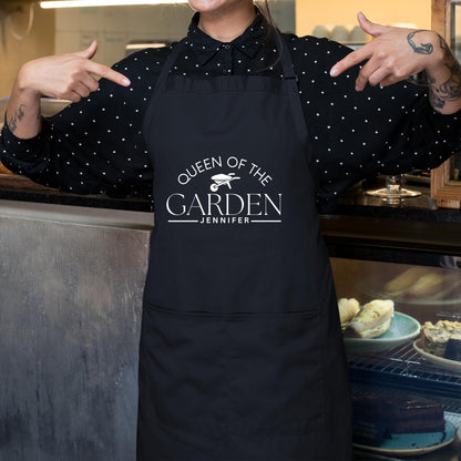 Queen of the Garden Custom Apron - Personalized Gardening Apron with Adjustable Straps and Two Pockets Gift for Her Washable Aprons for womens Mom Apron Mother Day Gift Black Apron
