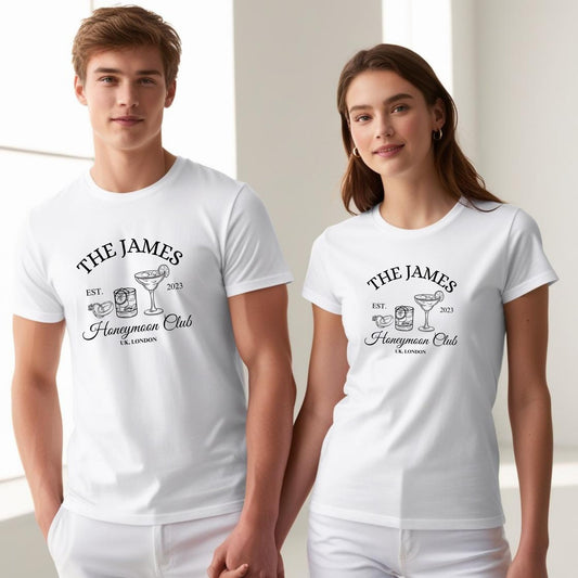 Be Buz Personalized Honeymoon Club T-Shirt, Mr and Mrs Matching Couple Wedding Tees for Bride and Groom