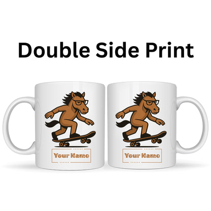 Personalized Funny Skateboarding Horse Mug – Custom Name Ceramic Coffee Cup – Unique Gift for Animal Lovers, Horse and Skaters – 11oz