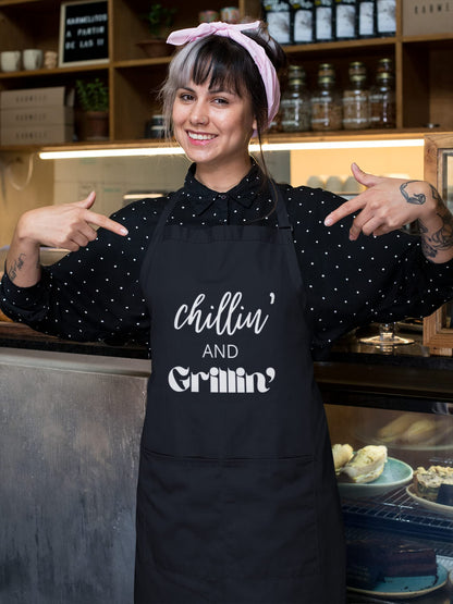CHILLIN' N GRILLIN' Funny Apron Bib Apron - 2 Pockets BBQ Apron Coffee house Cooking Kitchen Chef Bar Hotel Women Great Gift For Husband Wife, Dad Mom boyfriend Girlfriend
