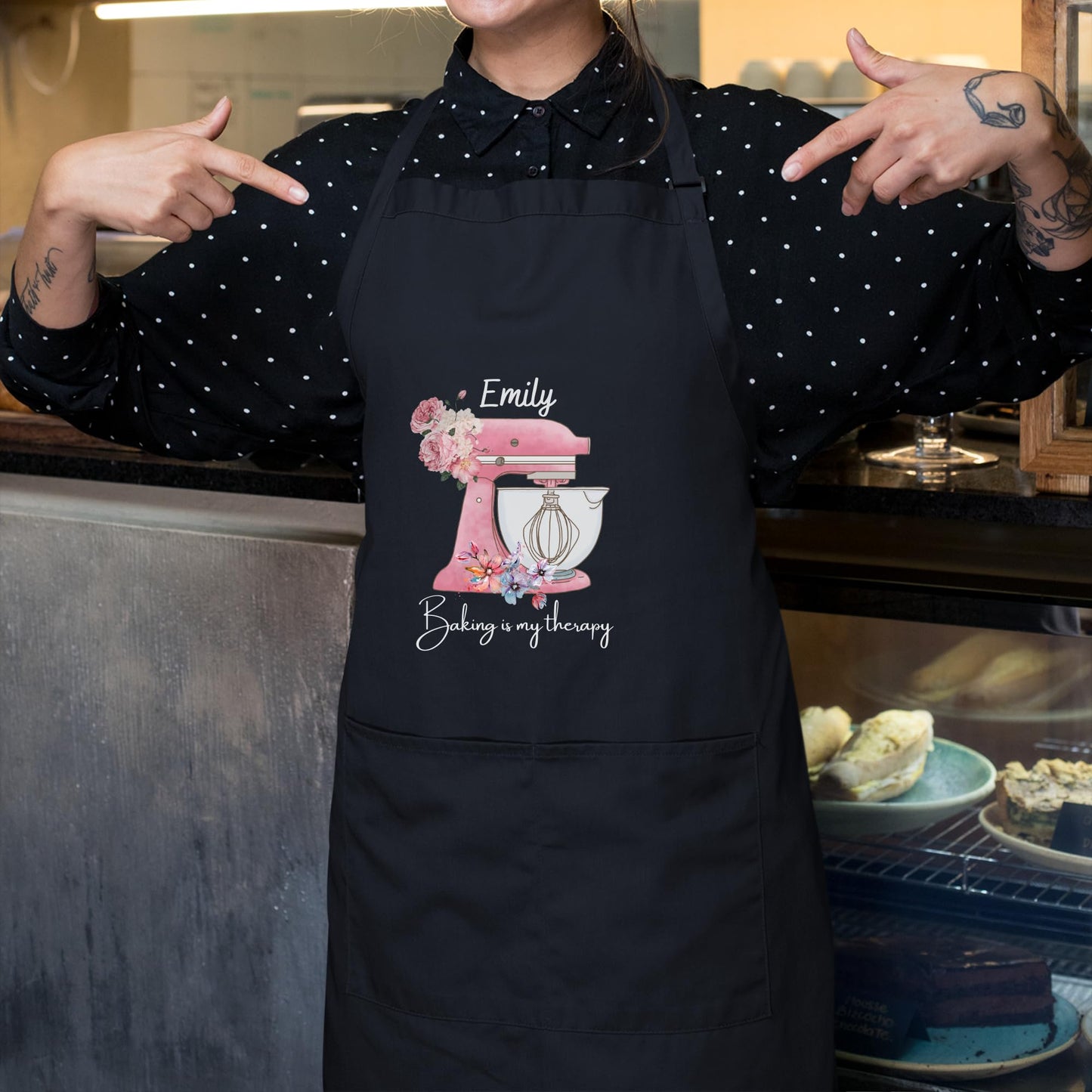 Baking Is My Therapy Personalised Baking Apron with Pink Watercolor Flowers Custom Baking Apron with Adjustable Straps and Two Pockets Gift for Him Her Aprons for Women Mother Day Gift