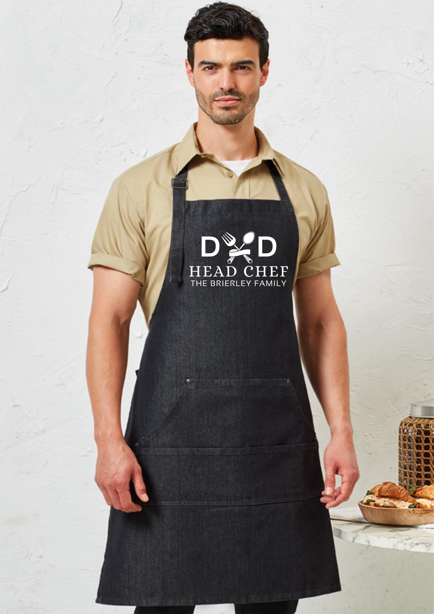 Personalized Denim Cooking Apron, Adjustable Neck Strap, 4 Pockets, add your photo or logo