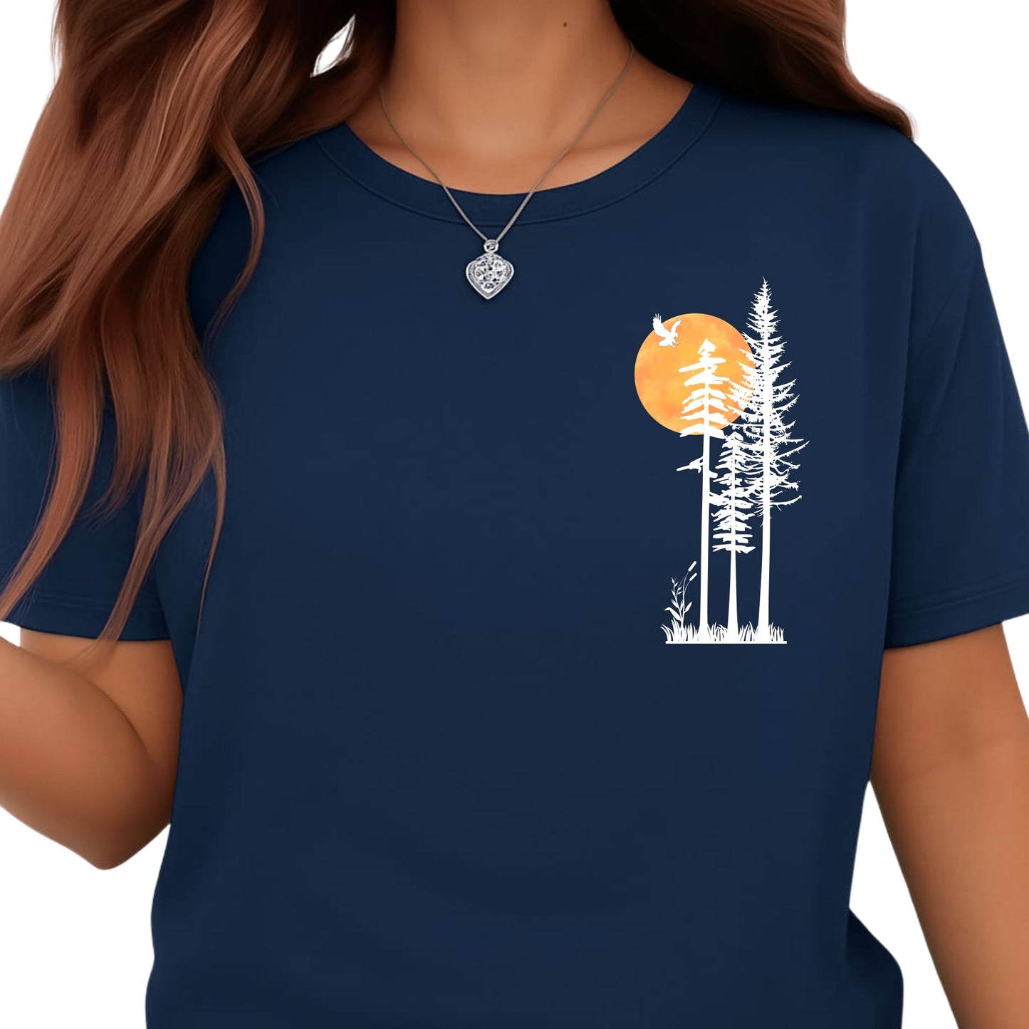 Be Buz Unisex Cotton T-Shirt, Minimalist Nature Graphic, Pine Trees and Sunset Design, Mountain Hiking Theme, Crew Neck