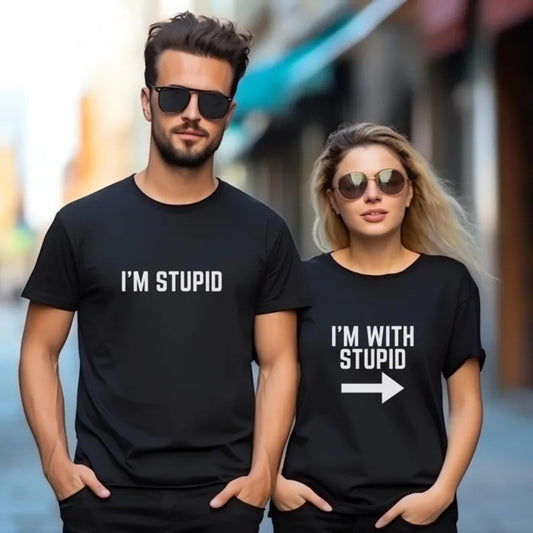 Be Buz I'm Stupid I'm with Stupid T-Shirt Funny Novelty Matching Couples Tee