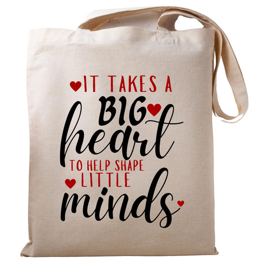 It Takes A Big Heart To Shape Little Minds Tote Bag Teacher Appreciation Gift Reusable Casual Bag for Work Shopping Travel Back-to-School, End of Year, and Teacher Gifts