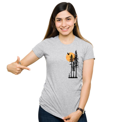 Be Buz Unisex Cotton T-Shirt, Minimalist Nature Graphic, Pine Trees and Sunset Design, Mountain Hiking Theme, Crew Neck