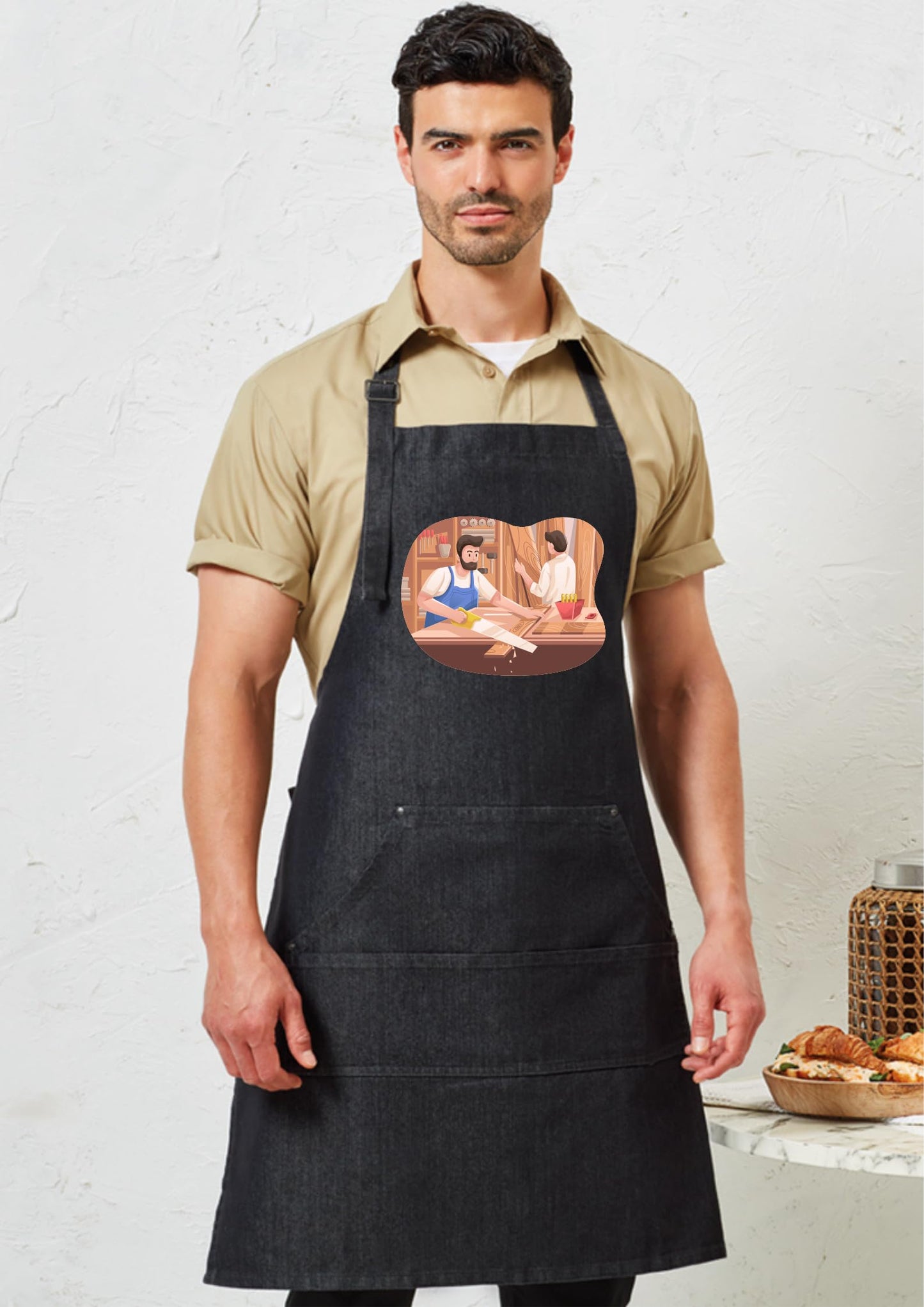 Personalized Denim Cooking Apron, Adjustable Neck Strap, 4 Pockets, add your photo or logo